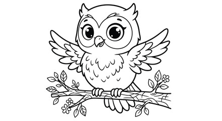 Fototapeta premium Owl illustration with floral branch black and white line art style