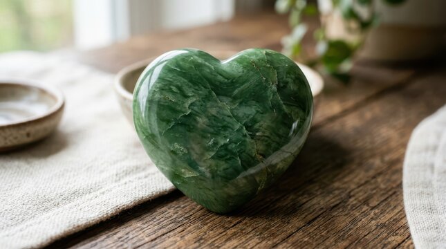 Green Jade Heart on Rustic Wood with Soft Window Light and Blurred Bowls