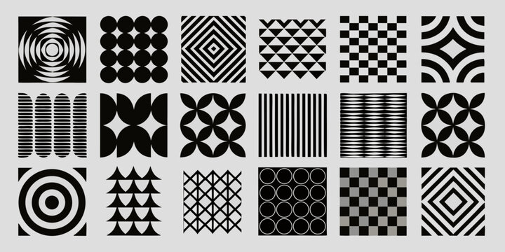 collection of geometric patterns in minimalist black and white design shapes circles triangles squares diamonds stripes dots spiral target vector illustration pattern graphic