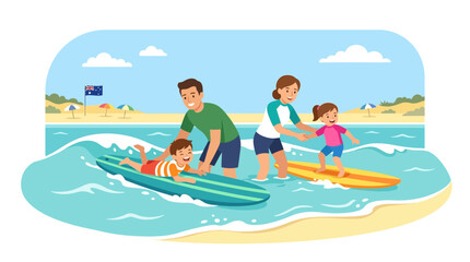 Obraz premium Family Learning to Surf at the Beach with Australian Flag