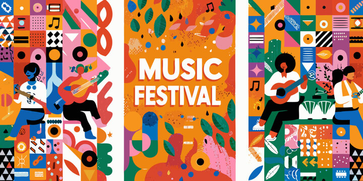 music festival posters colorful vector illustration musicians guitar players instruments festive event celebration artwork graphic design pattern shapes icons musical notes orange background