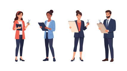 Obraz premium Diverse group of business people holding clipboards and scissors, representing various professional roles and tasks.