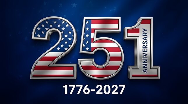 3D USA 251st Anniversary  1776-2027 with American Flag Pattern on Blue Background