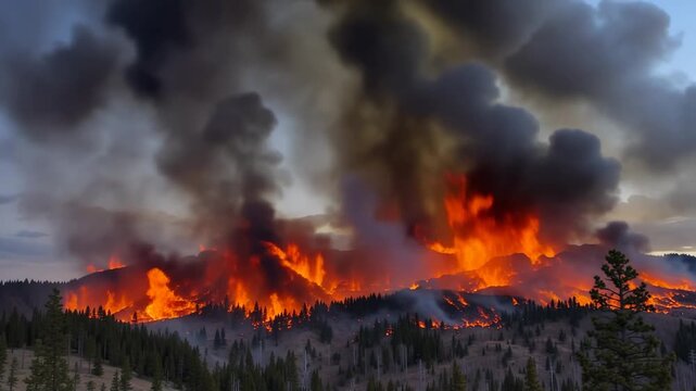 Intense wildfire flames burning through dry forest at dusk