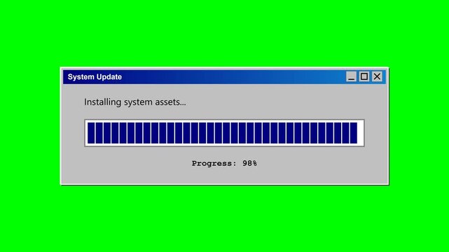 Vintage Computer System Update Dialog Box with Progress Bar on Green Screen Background, Retro 90s Operating System User Interface