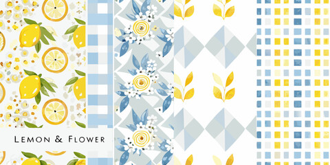 lemon and flower watercolor pattern on white background fruit blossom botanical design illustration graphic art print summer fresh nature floral yellow blue checkered © Pabitra