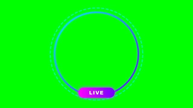 Live Stream Frame Overlay with Glowing Neon Circle and LIVE Badge on Chroma Key Green Screen Background for Gaming and Social Media