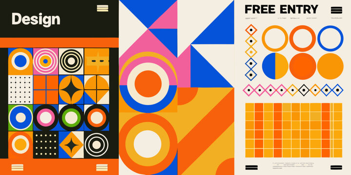 modern abstract geometric shapes poster with colorful patterns circles triangles squares diamonds grid design art graphic vibrant composition visual aesthetic creative layout typography