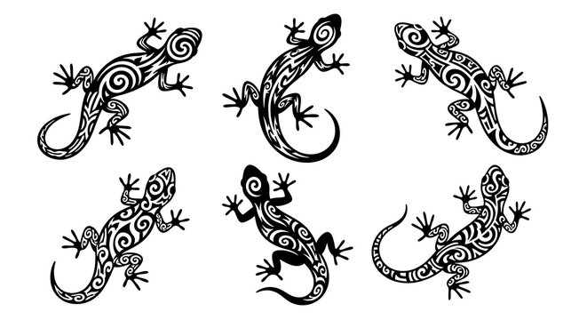Set of six black and white tribal lizard illustrations in various dynamic poses and orientations