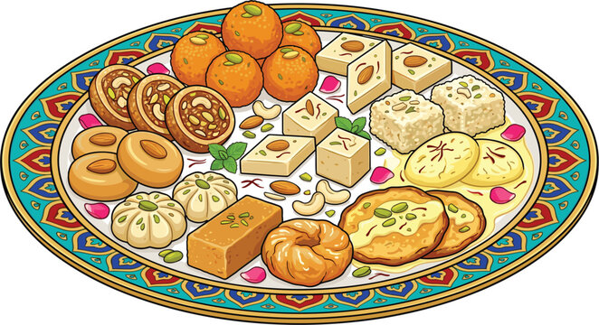 Traditional Indian sweets assortment on decorative plate, diwali festive mithai vector isolated on white