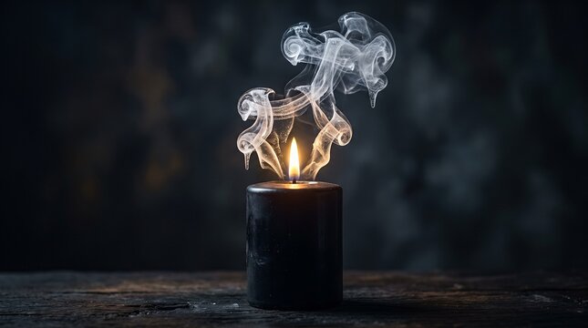 Moody atmospheric shot of a black pillar candle burning with a steady flame and twisting white smoke on a rustic wooden table