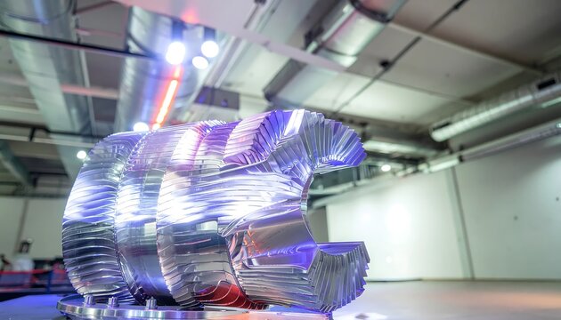 3D printed metallic object in industrial workshop with blue lighting