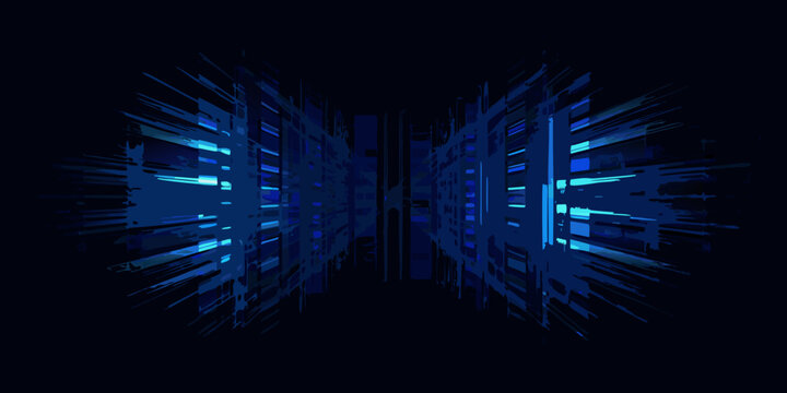 abstract digital tunnel perspective view art blue tones geometric shapes symmetrical design technology concept data flow network imagery futuristic look vector illustration dark