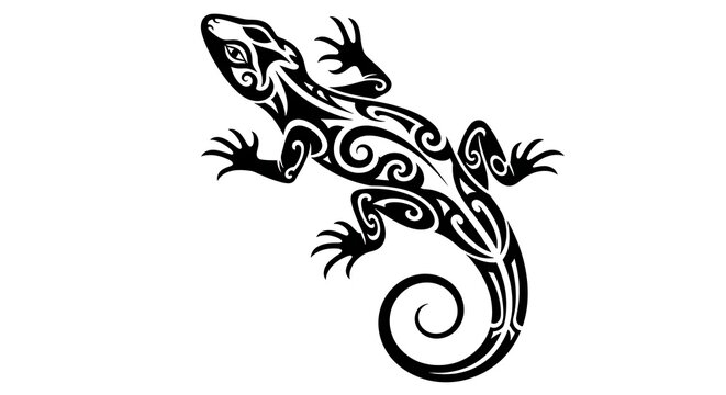 Detailed black and white tribal tattoo design featuring a stylized lizard or gecko illustration