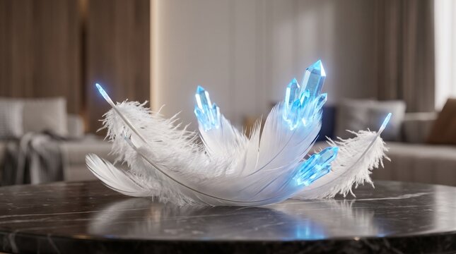 Abstract 3D render of fluffy white feathers transforming into glowing blue neon crystal structures on a marble table