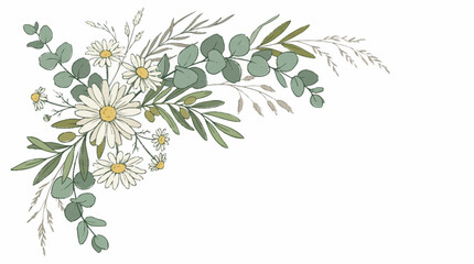 Elegant botanical illustration with daisies and eucalyptus leaves. © azka