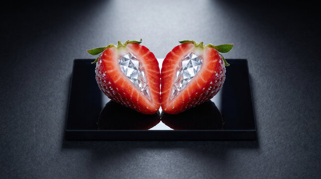 High angle shot of a fresh red strawberry sliced symmetrically in half revealing an internal diamond ice crystal core on a black plate