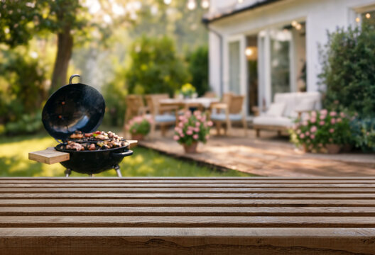 summer time in backyard garden with grill BBQ, wooden table, blurred background