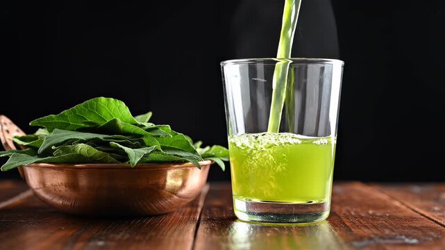 Green herbal juice pouring beside fresh medicinal leaves