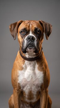 A regal Boxer dog with expressive eyes and a classic brindle coat sits attentively, its posture exuding a sense of loyalty and strength.