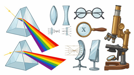 Fototapeta premium Scientific optical instruments set featuring light refraction through prisms, lenses, magnifying glass, and microscope
