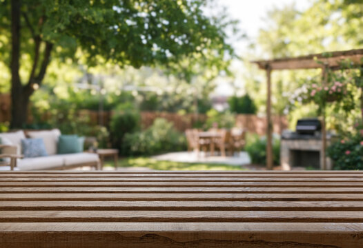 wooden table on foreground and blurred background of a cozy backyard garden with garden furniture, BBQ area