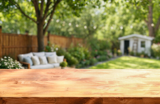 wooden table on foreground and blurred background of a cozy backyard garden with garden sofa