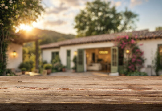 blurred background of a backyard garden with sofa, wooden table on foreground
