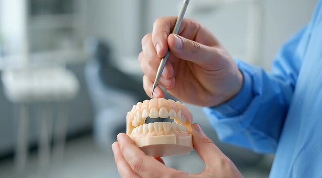 Dentist holding a dental jaw model with a metal instrument, diagnostic examination, oral health care, teeth treatment, medical clinic setting