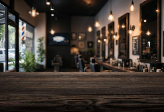 Empty wooden table with modern barbershop interior in the background, mockup template for product display