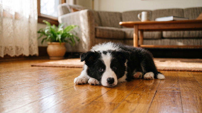 Young Border Collie puppy lying down on polished wooden floor in home interior.