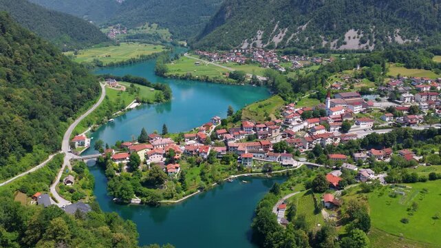 View of Most na Soci town in Soca Valley, Slovenia - drone shot
