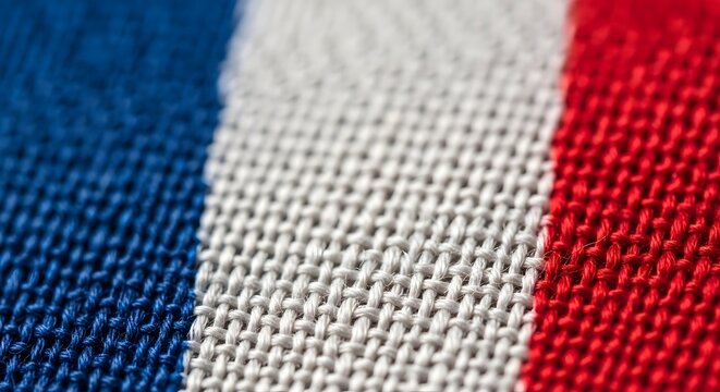 A macro shot of the woven fabric texture of the French flag showing blue white and red threads.