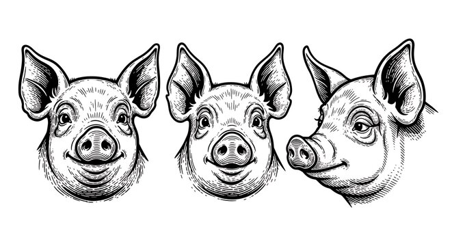 Vintage style illustration of three pig heads in a row with detailed linework and shading
