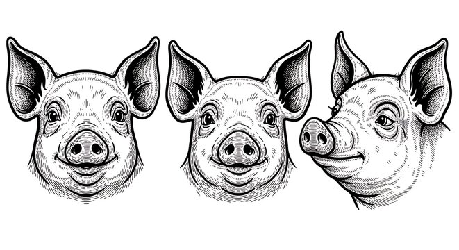Detailed ink sketch of three pig heads in a repeating pattern showcasing animal portraiture and farm life
