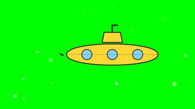2D Animated Yellow Submarine Illustration with Floating Bubbles on Green Screen, Vector Style Underwater Vehicle for Chroma Key Compositing