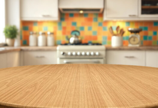 round wooden table on foreground and blurred cozy kitchen interior