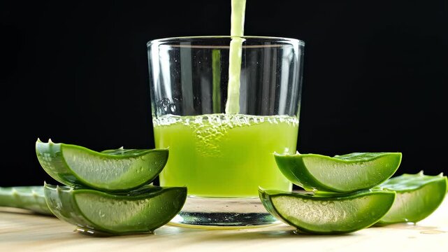 Fresh aloe vera juice pouring into a clear glass