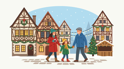 Family walking at a festive Christmas market in a snowy town © picture