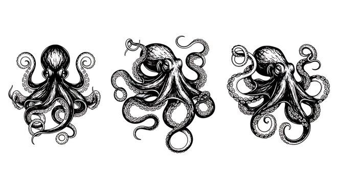 Vintage engraving of three octopuses with detailed tentacles and suckers in a marine illustration