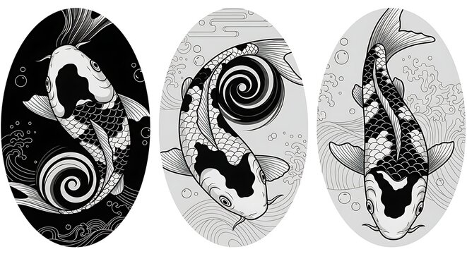 Three oval shaped panels displaying black and white artistic illustrations of swimming koi fish