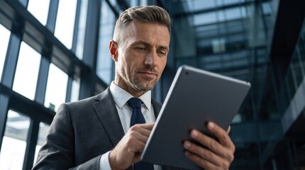 Fototapeta premium Mature businessman using digital tablet for financial analysis and stock trading in modern office skyscraper building lobby, executive manager working online with smart technology device.