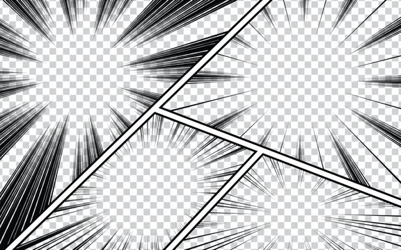 Action comic book page layout vector template with manga speed lines, diagonal panel borders, and radial focus rays isolated on transparent background for anime illustrations and pop graphics.