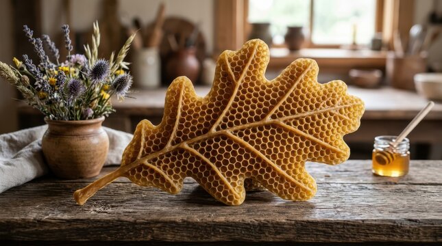Ornate beeswax oak leaf with honeycomb texture beside wildflowers and honey jar