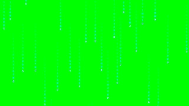 Green Matrix Digital Rain Effect, Vertical Falling White Alphanumeric Characters on Green Screen Background for Chroma Key Compositing