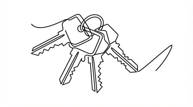 Modern continuous line art keys vector design bold black one line locksmith security sketch for branding logo