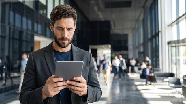 Mature corporate executive in formal suit using smartphone in modern office lobby, managing company finance app, professional business leader texting colleagues in busy hall, work mobility