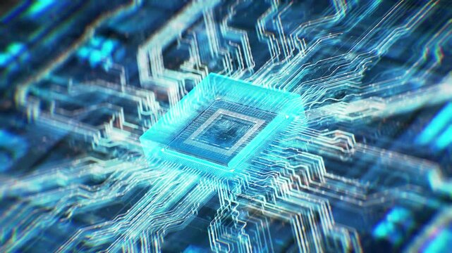 Technology Animation Background of Microchip CPU Processor Motherboard. Futuristic Blue Advanced Cyber Security Cloud Data Connections With Glowing Signal. FUI Digital Ai Server Network Concept 4k