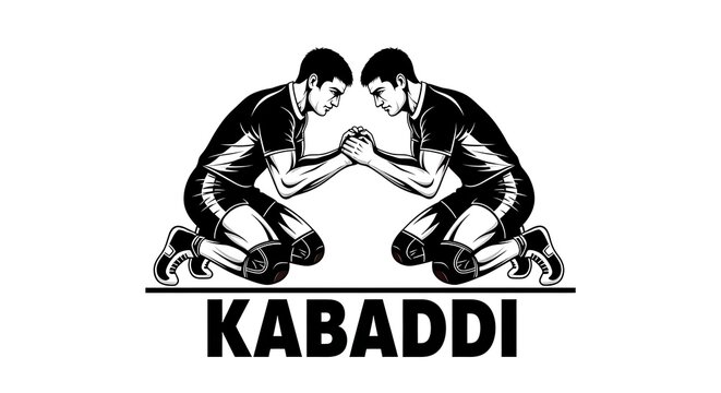 Two kabaddi players in action during a match with bold text spelling out the sport