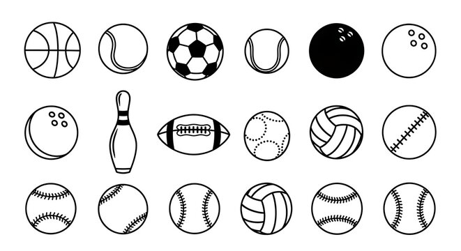 Collection of various sports balls and a bowling pin in a vintage engraved style illustration